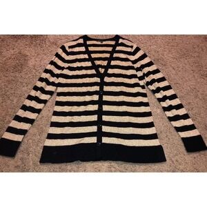 CHAUS‎ Cardigan Button Sweater sz Medium Cotton Blend Stripe Black Gold Womens